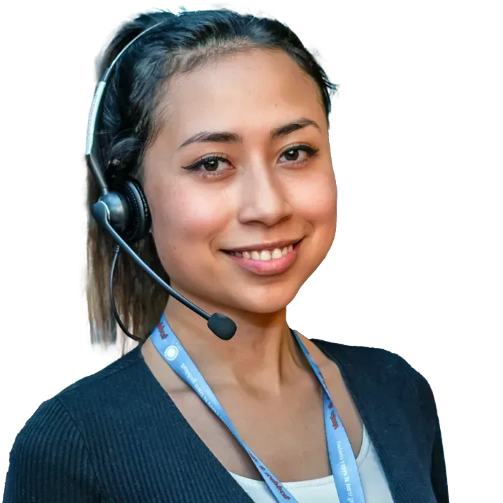 A smiling 14 Degrees agent wearing a headset