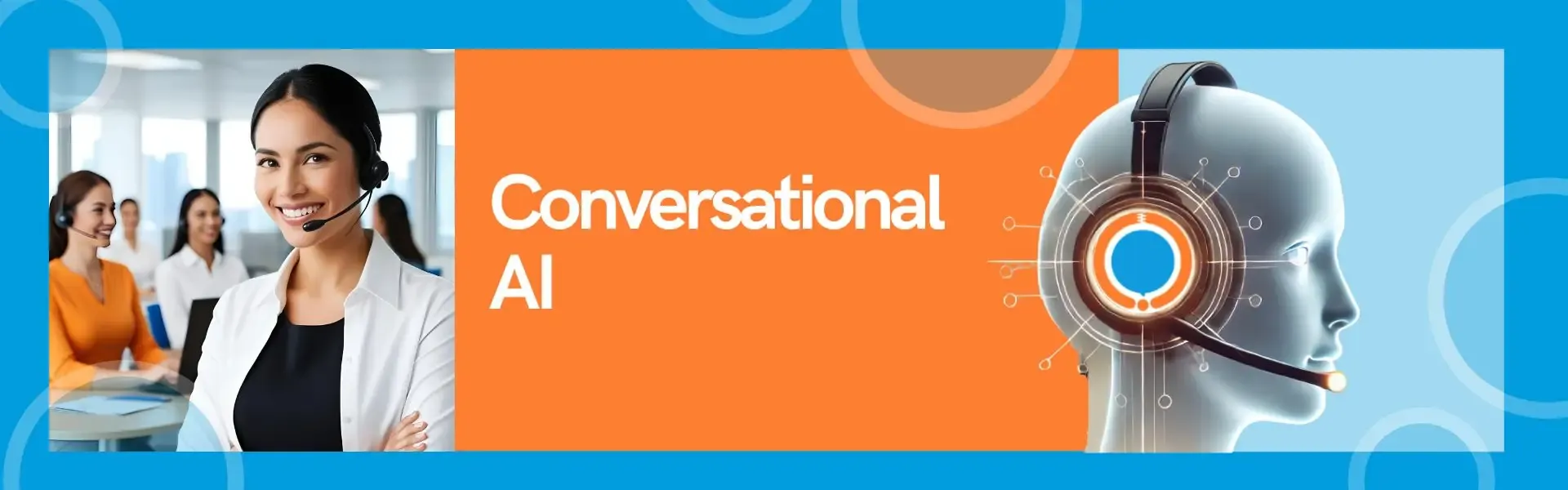 Conversational AI — an agent with a headset next to an AI assistant